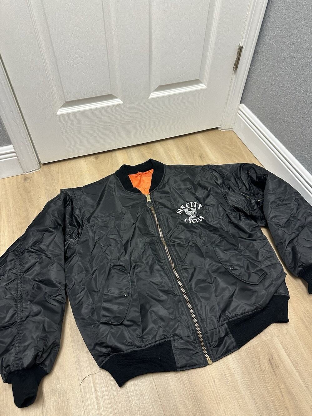Sin City Cycles Black Vintage Satin Bomber Jacket Mens Size 2XL